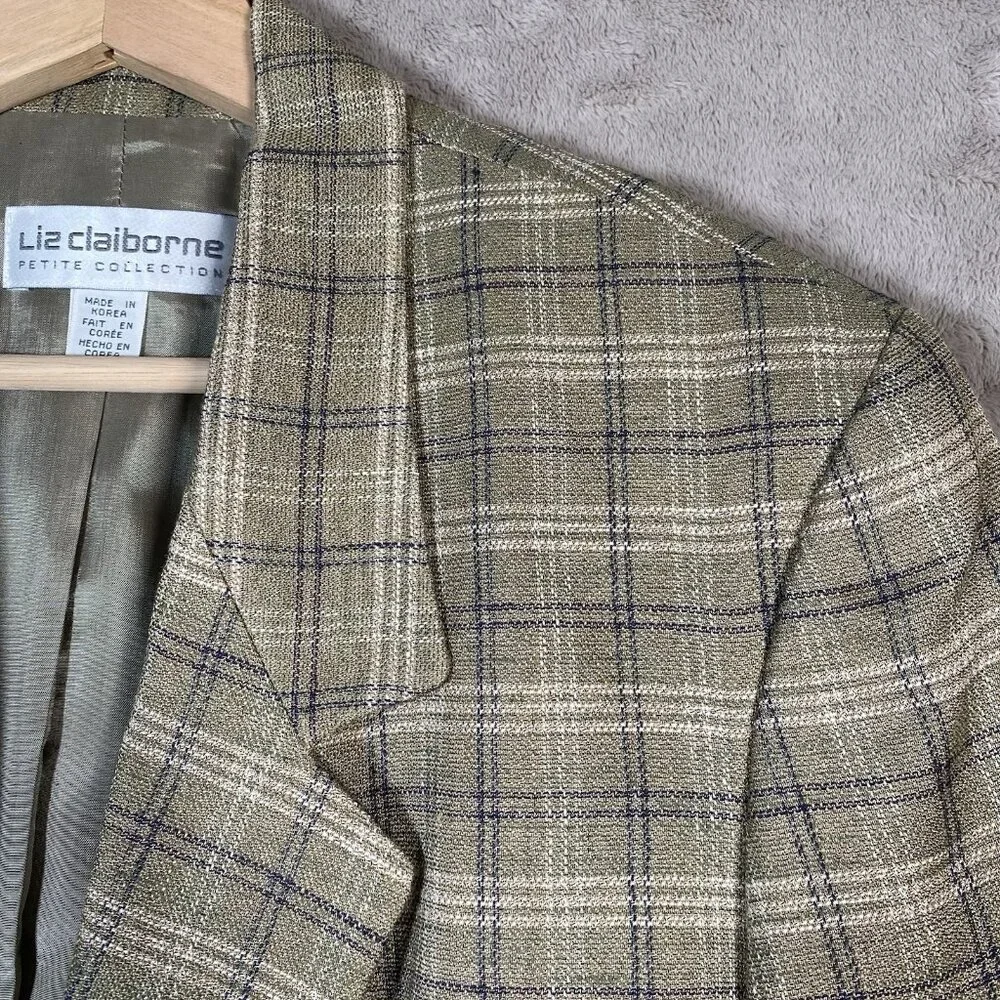 Vintage Liz Claiborne Blazer Women 12 Petite Linen Blend Plaid Academia Heritage - Picture 3 of 15
